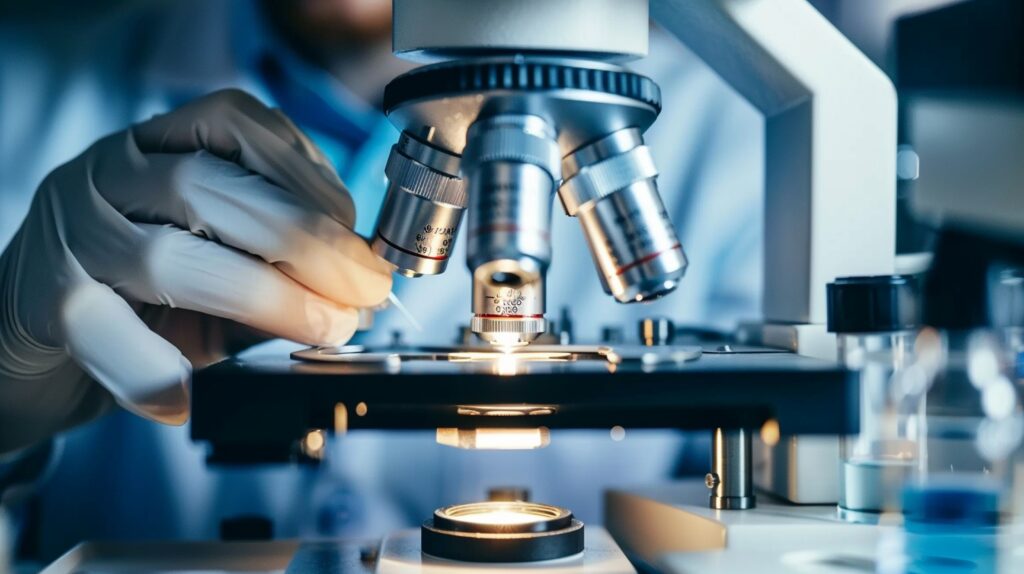 praca przy mikroskopie w laboratorium